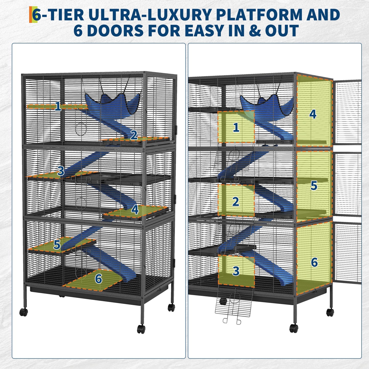 Garvee Spacious 6-Tier Metal Small Animal Cage - Lockable Double Doors, Fleece Ramps, Hammock, Rolling Wheels - Heavy-Duty Enclosure for Ferrets, Chinchillas, Guinea Pigs, Rabbits, Small Pets - Black