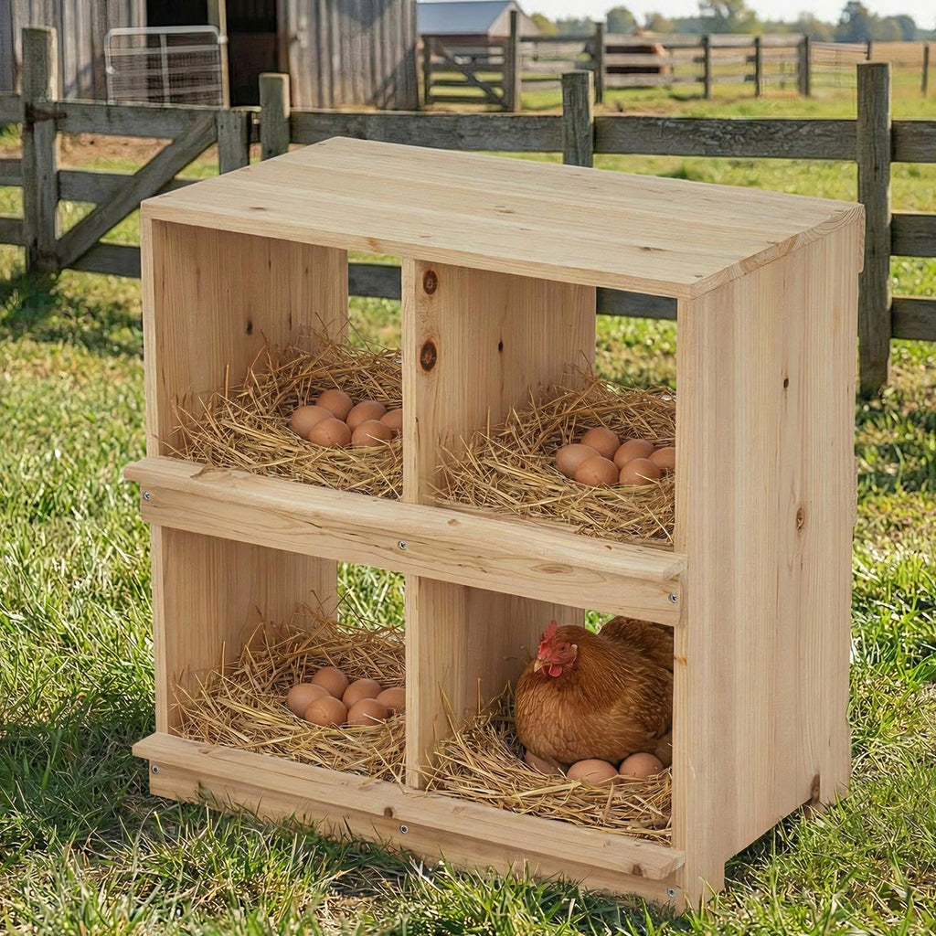 Garvee Double Deck Wooden Chicken Nesting Box – Four Compartments, Roll-Away Egg Collection, Insulated Sunproof, Wall-Mounted or Floor-Standing, Perch, Ideal for Poultry Coops and Farms, 4-Compartment Double Layer