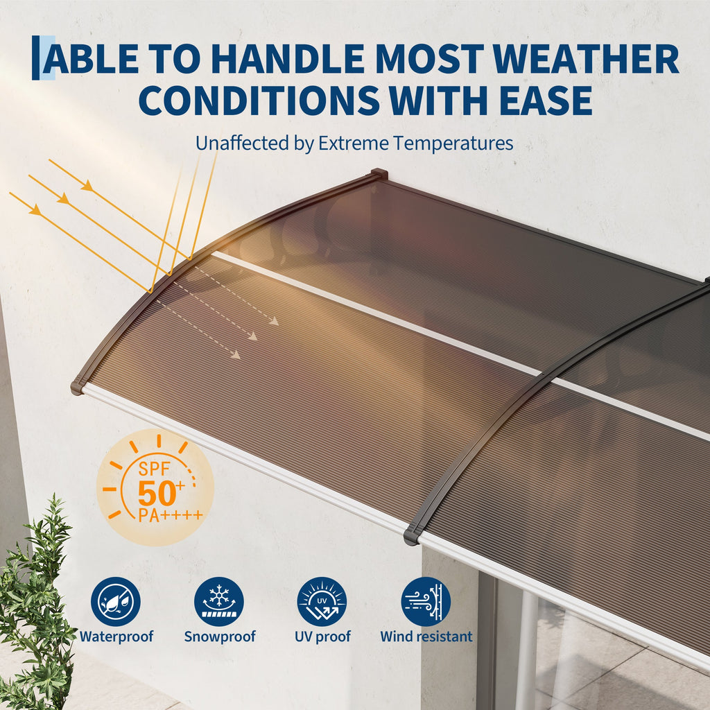 Garvee 40" X 120" Heavy-Duty Outdoor Door Awning Canopy - Polycarbonate Cover, UV/Rain/Snow/Sun Protection, Plastic Steel Brackets, Brown Shelter