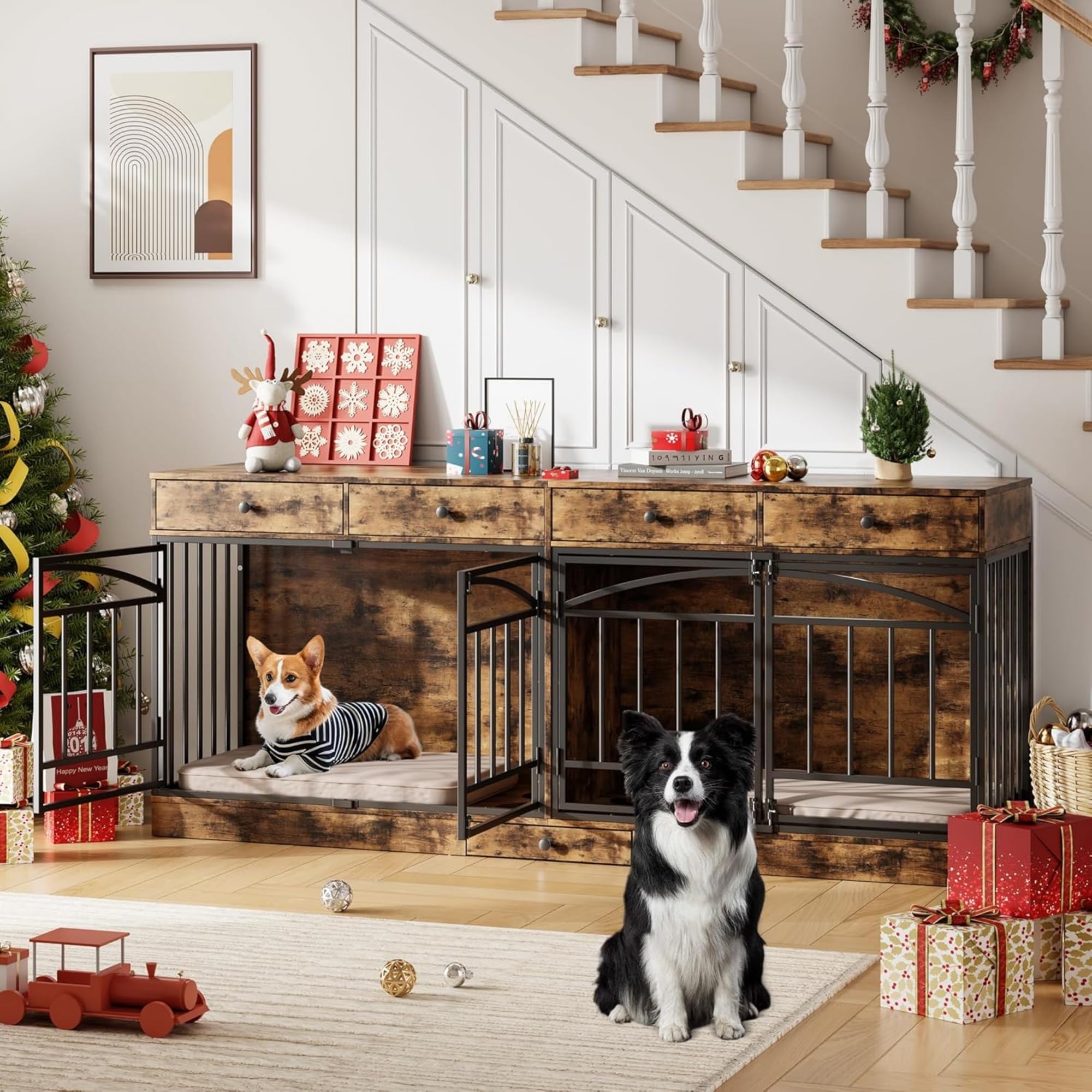 Garvee 78.7" Double Dog Crate Furniture with Storage and 4 Doors, Dog Kennel Indoor with Feeding Bowls, Wood Dog Crate TV Stand for Small Medium Dogs, Brown