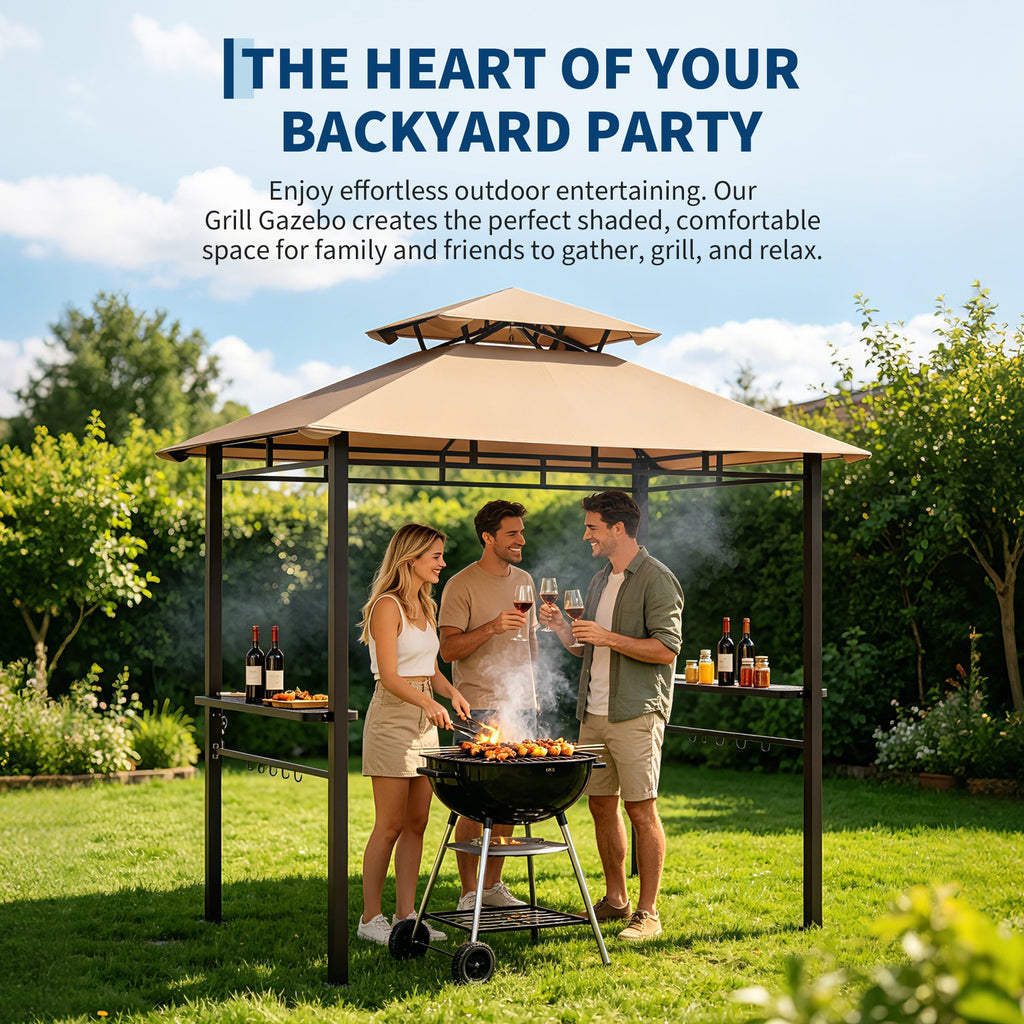 Garvee 8' x 5' Double-Tier Grill Gazebo, Waterproof BBQ Canopy Shelter with Vented Roof, 2 Side Shelves, 5 Hooks, Bottle Opener & UPF 100 UV Protection, Heavy-Duty Outdoor Patio Pavilion, Khaki