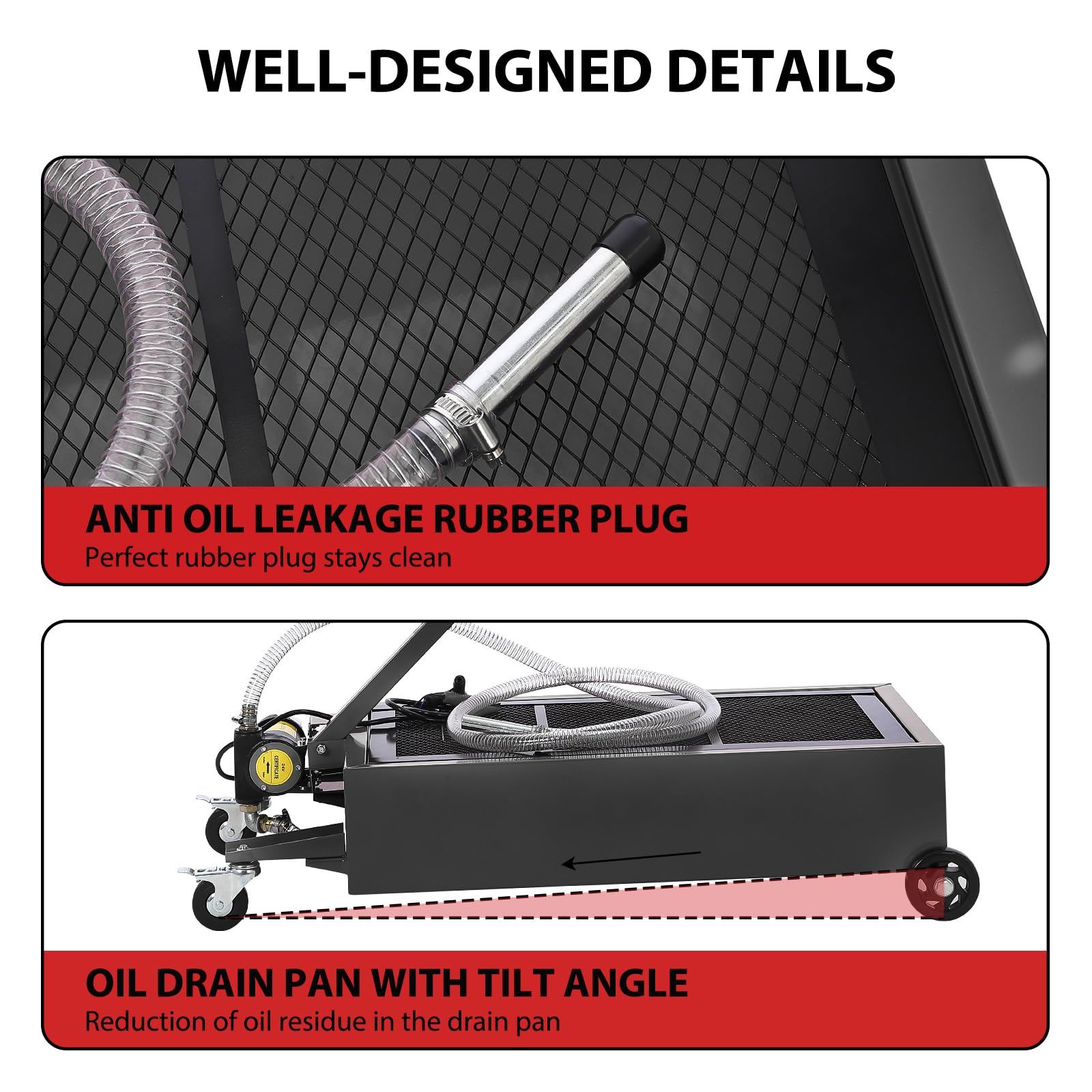 Garvee 20 Gallon Oil Drain Pan with 12V Electric Pump, Low-Profile Steel Construction, Foldable Handle, Wheels, and 8FT Hose for Garage Use, Black