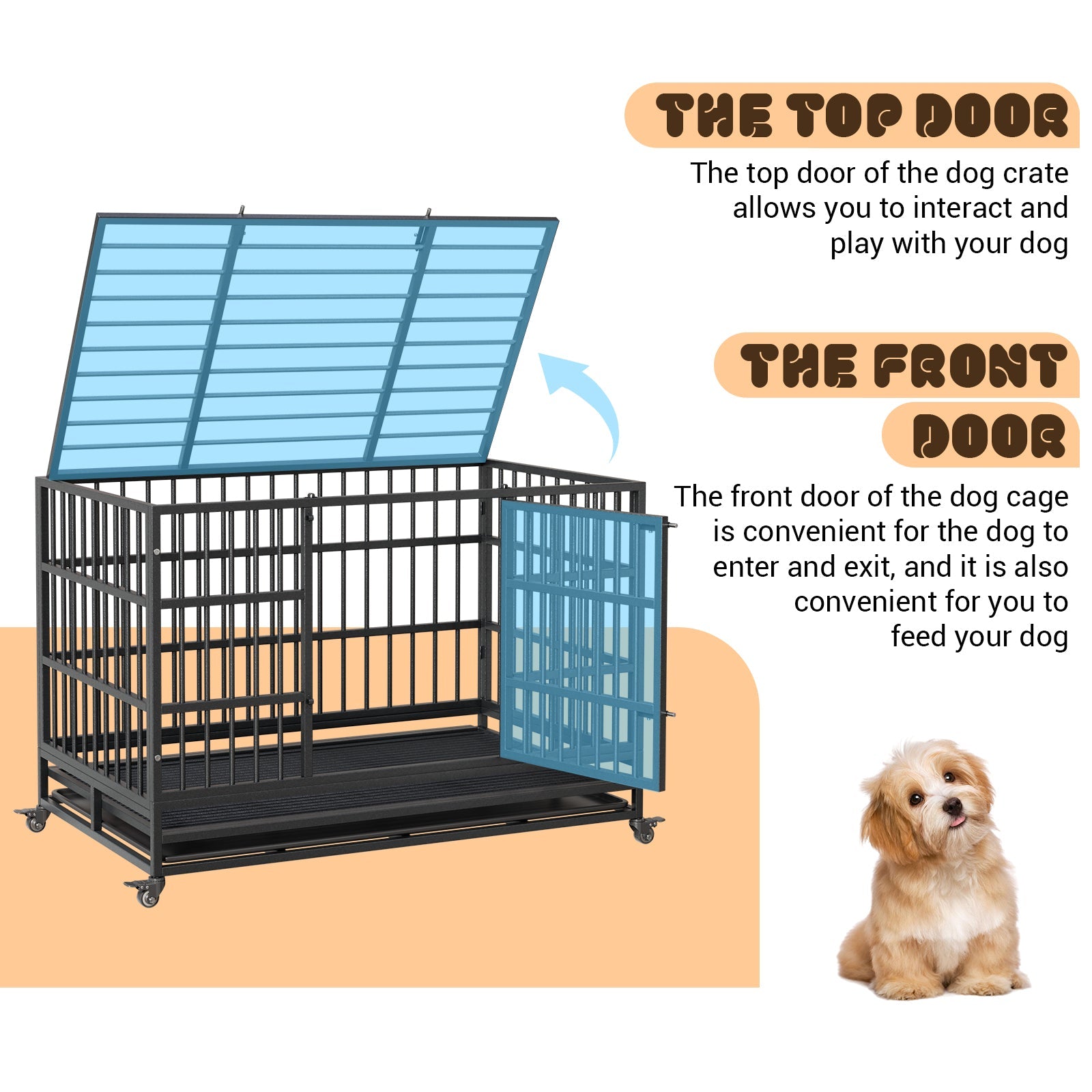 Garvee Heavy Duty Metal Dog Crate – Secure Indestructible Kennel for Small, Medium, Large Dogs, Double Doors, 360° Lockable Wheels, Removable Tray, Easy Assembly, Indoor/Outdoor Use, Size: 48.5inch