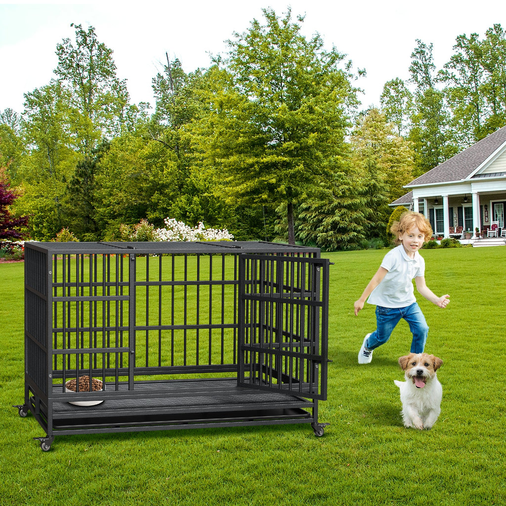 Garvee Heavy Duty Metal Dog Crate – Secure Indestructible Kennel for Small, Medium, Large Dogs, Double Doors, 360° Lockable Wheels, Removable Tray, Easy Assembly, Indoor/Outdoor Use, Size: 48.5inch