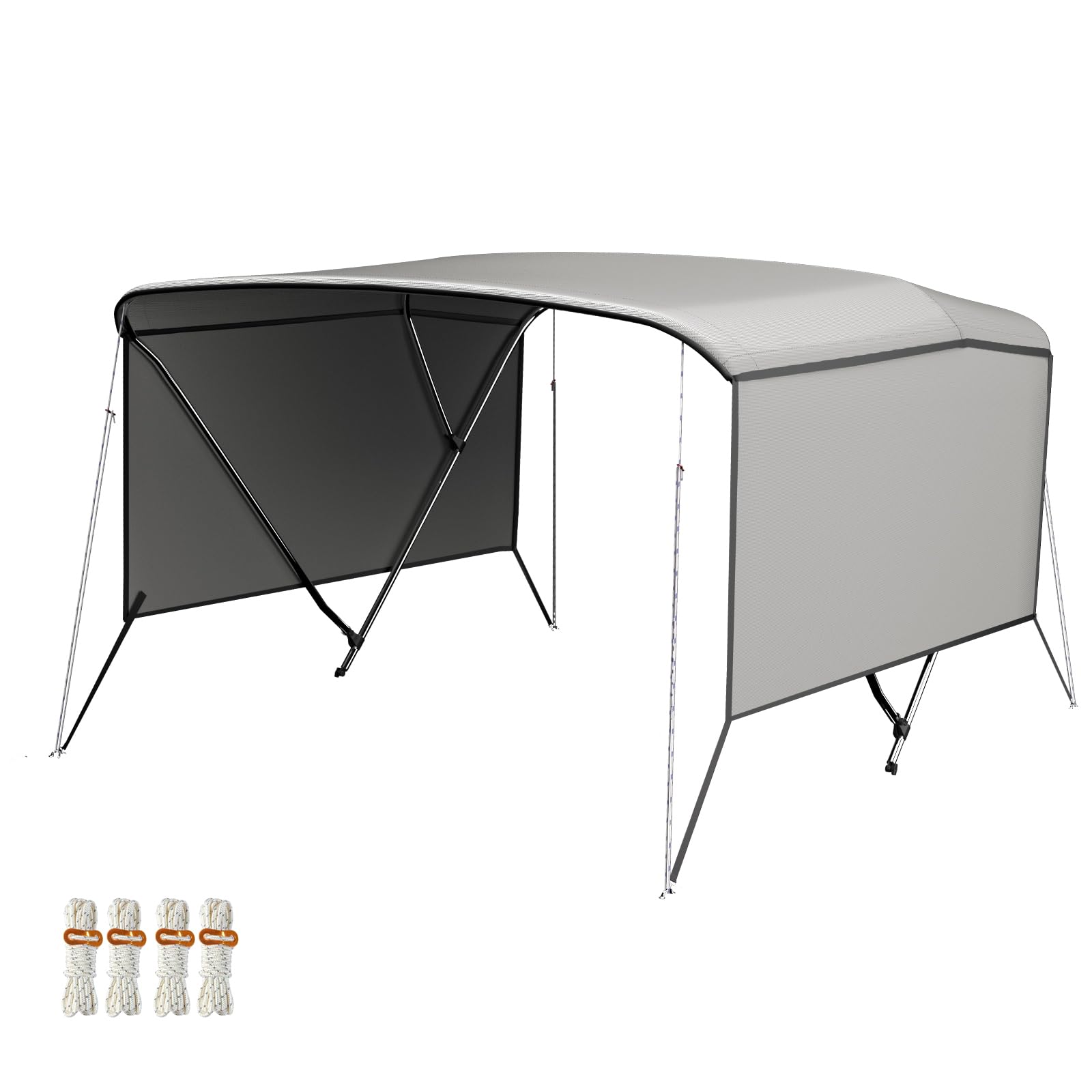 Garvee 3 Bow Bimini Top for Boats – Marine-Grade 600D Waterproof Polyester Canopy with Adjustable Aluminum Frame, Removable Mesh Side Curtains, Sun Shade Protection, Rear Support Poles, Straps, Storage Bag – Grey – Size: 6'×67-72"×46" – 4-Wind Rope,