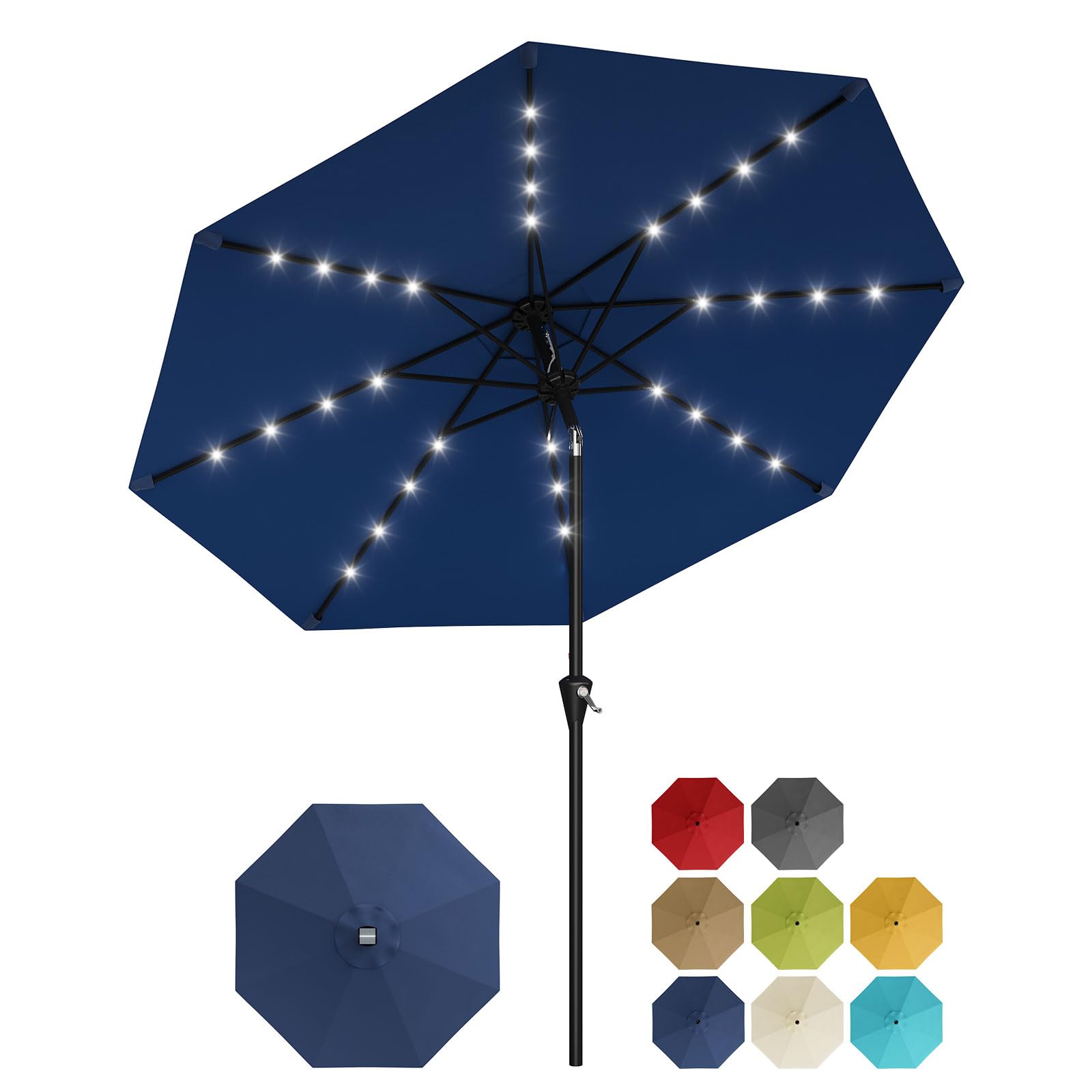 Garvee 10 ft Solar Patio Umbrella with 32 LED Lights, Outdoor Market Umbrella with Crank Lift & Tilt, UV-Resistant Canopy for Pool, Garden & Backyard, Navy Blue