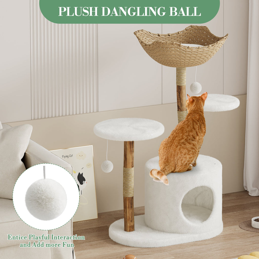 Garvee 46" Modern Cat Tree for Large Cats, Real Solid Wood Branch Luxury Cat Condo with Scratching Post and Cat Bed, Boho Aesthetic Luxury Pet Furniture