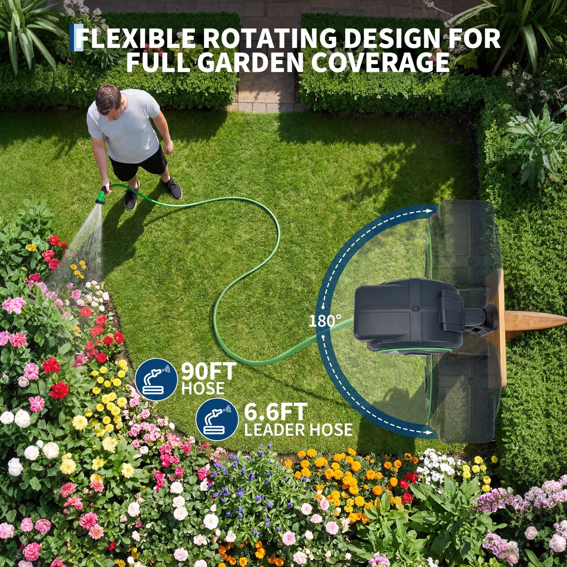 Garvee 5/8" x 90 FT Retractable Garden Hose Reel, Wall-Mounted Auto Rewind Hose Reel with 180° Swivel Bracket, Kink-Free Hose for Lawn, Garden & Car Washing
