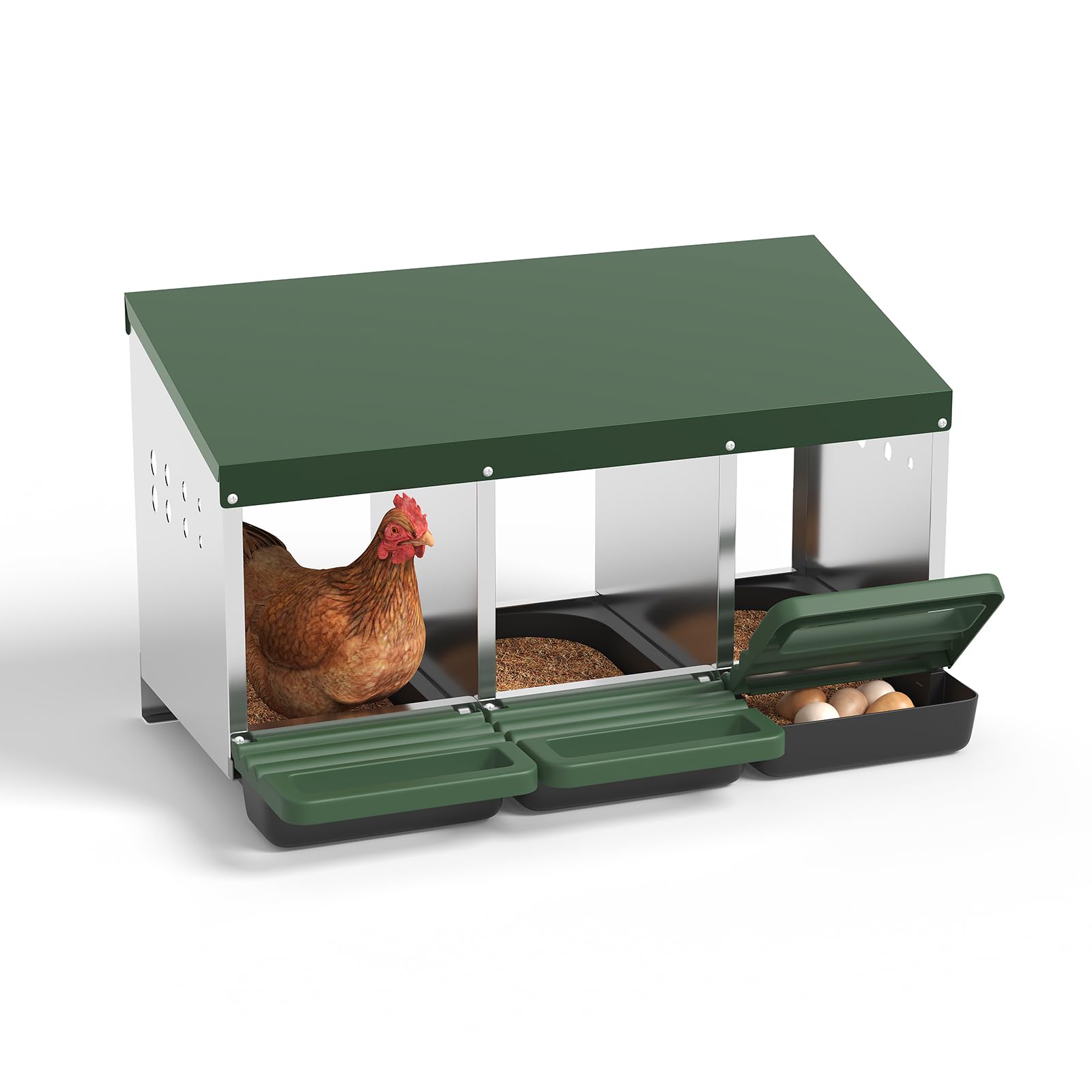 Garvee 3-Hole Metal Chicken Nesting Box, Roll Away Poultry Laying Box with Sloped Roof, 31.5"x20.5"x16.9", Green