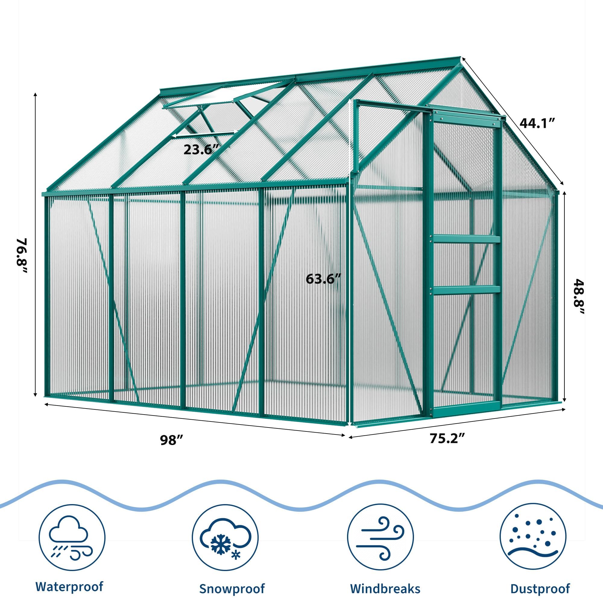 Garvee Walk-in Greenhouse 6x8 FT Aluminum Frame with Roof Vent Rain Gutter Sliding Door Perfect for Outdoor Patio Backyard Garden Apartment Balcony