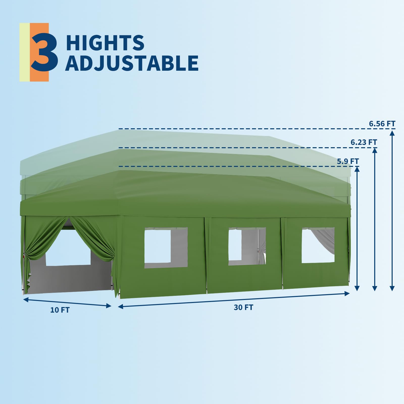 Garvee 10 x 30 FT Pop Up Canopy Tent with 8 Sidewalls, UV 50+ 210D Oxford Top, 8 Sandbags & Wheeled Bag for Weddings and Parties, Green