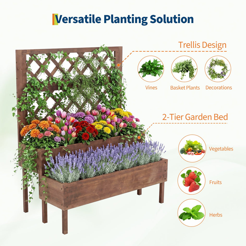 Garvee 2-Tier Wooden Raised Garden Bed with Trellis & Legs, 42" x 22" x 53" Elevated Planter Box with Drainage Holes for Climbing Plants, Vegetables, Herbs & Flowers, Brown