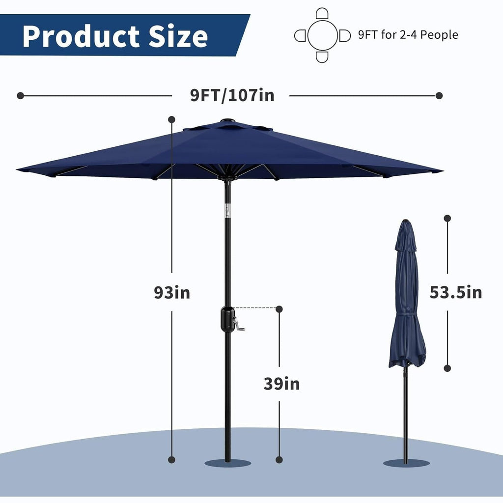 Garvee 9' Patio Table Umbrella, Crank Lift & Push Button Tilt, UV-Resistant Vented Market Umbrella with 8 Iron Ribs for Pool, Deck, Yard & Garden, Navy Blue