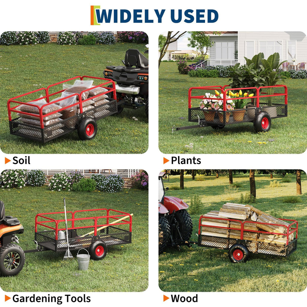 Garvee Tow Behind Dump Cart, 1600 lbs 22 Cu Ft Heavy Duty Steel ATV UTV Garden Trailer with Removable Sides, 45° Quick Dump & 16 in All-Terrain Tires for Lawn Mower, Tractor & Yard Work