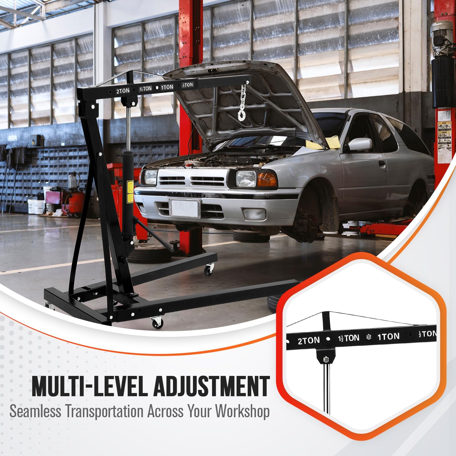 Garvee 2-Ton Folding Engine Hoist Hydraulic Crane with 6 Casters High-Strength Steel Foldable Design Portable Garage Workshop