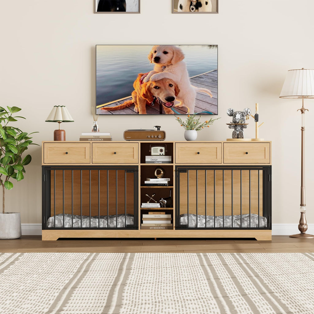 Garvee 82” Large Dog Crate for 2 Dogs, Dog Kennel Indoor with 4 Drawers and Shelves, Double Dog Crate Furniture TV Stand, Wooden Dog Cage for Medium Large Dogs, Natural