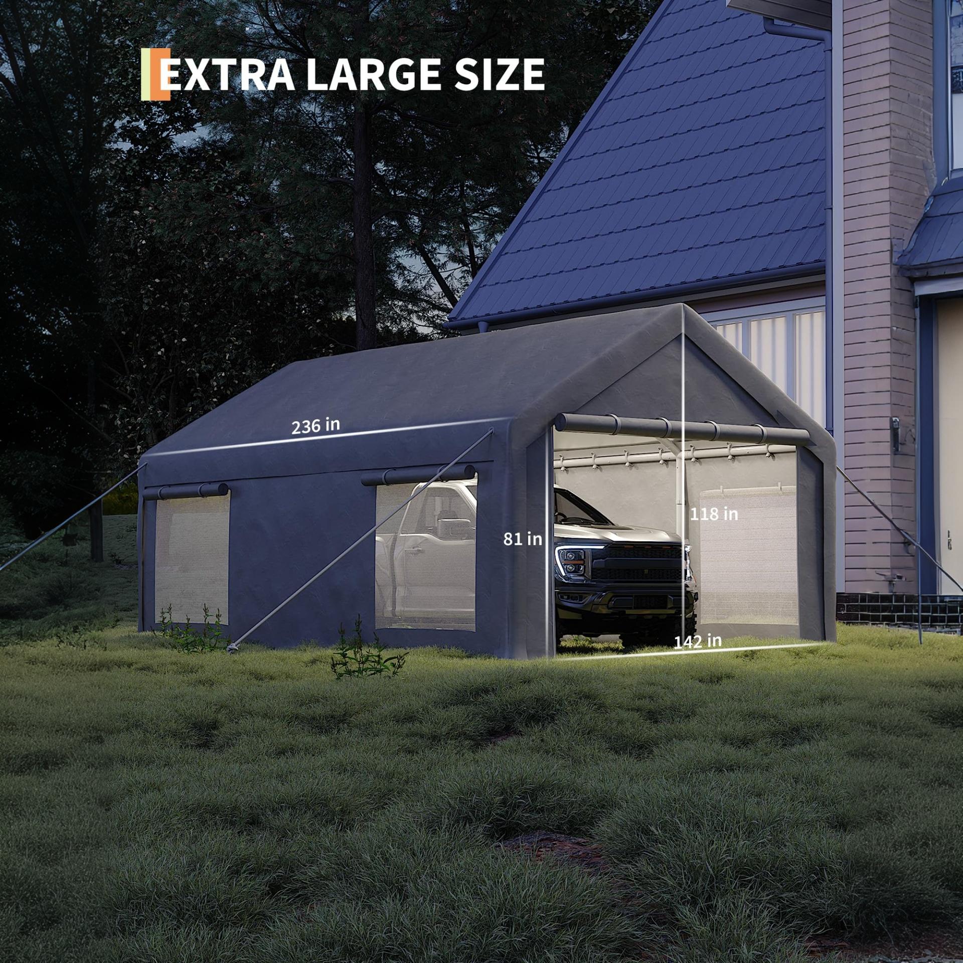 Garvee 12x20 ft Portable Garage Carport, 200 g PE Canopy Shelter with 2 Roll-Up Doors & 4 Windows, Heavy-Duty Metal Frame Storage Tent for Cars, Boats, Pickups & Outdoor Events, Gray
