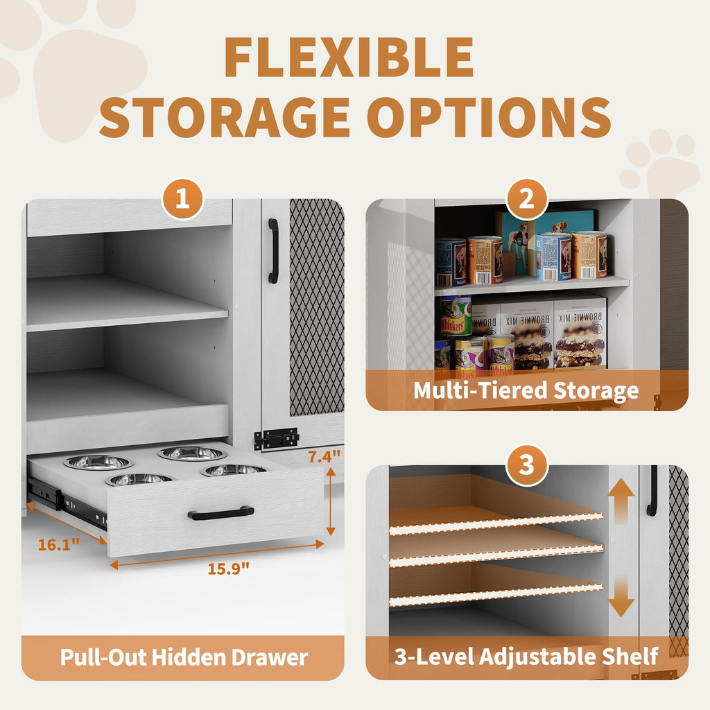 Garvee 90 Inch Large Dog Crate Furniture, Double Dog Crate with Feeding Station & Storage, Heavy Duty Dog Kennel Furniture for 2 Dogs