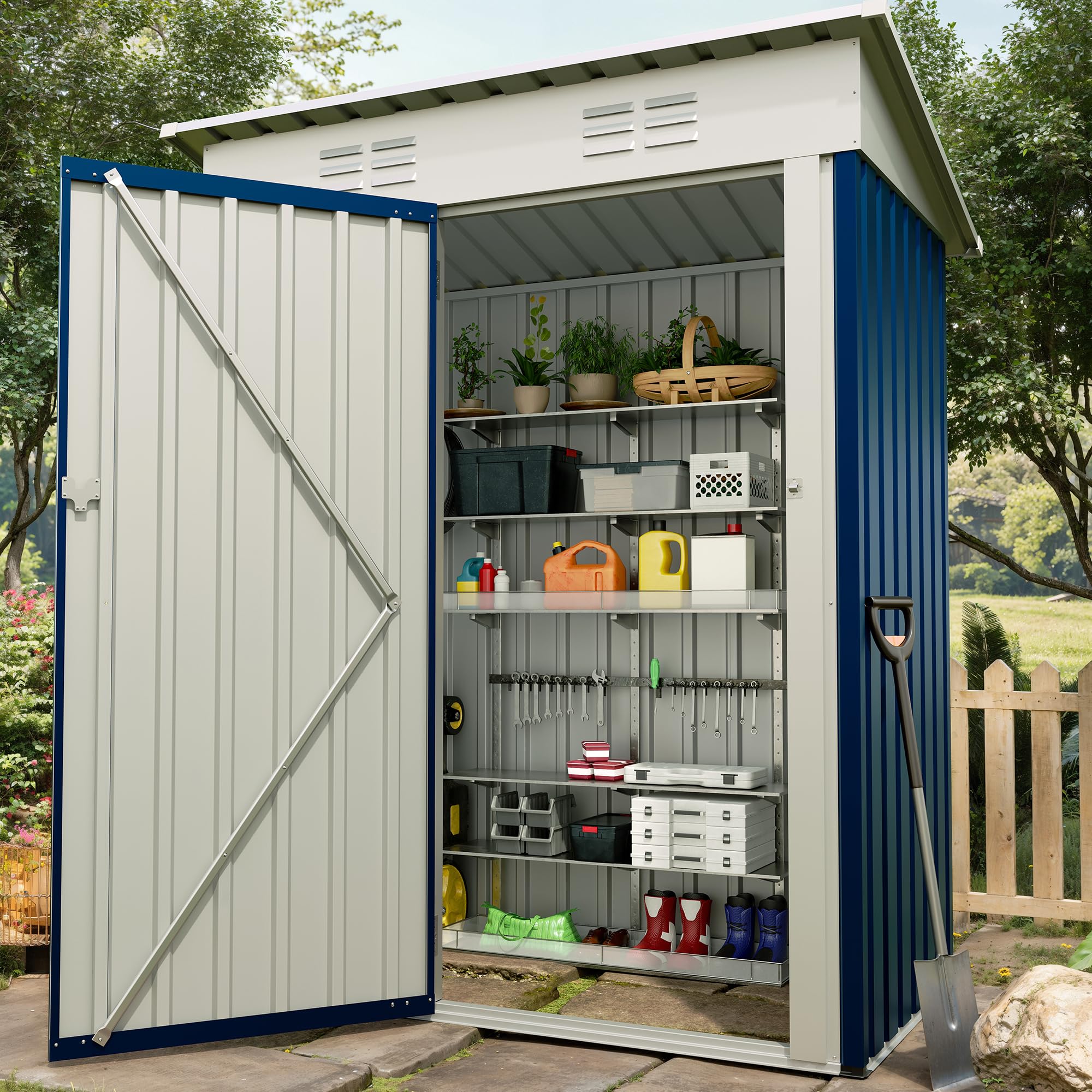 Garvee 5×3FT Heavy Duty Metal Outdoor Storage Shed, Weather-Resistant Garden Tool Shed with Lockable Single Door, Sloped Roof & Vents, Rustproof Patio Storage House for Backyard, Lawn, Navy Blue