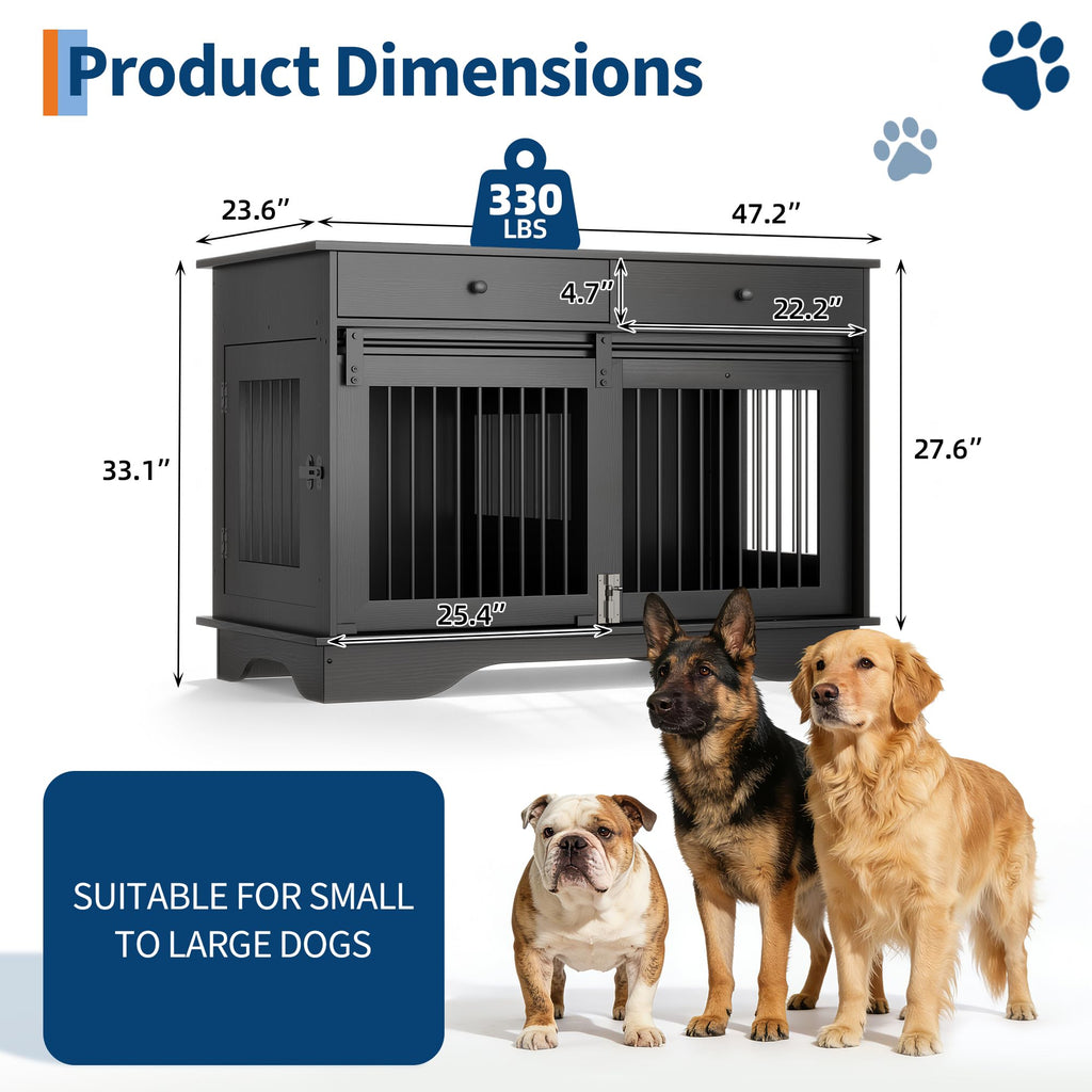 Garvee Dog Crate Furniture for 2 Dogs, 47" Double Dog Kennel with Removable Divider and 2 Drawers, Triple Doors, Decorative TV Stand Side Table, Indoor Pet Cage for Large/Medium/Small Dogs, Black