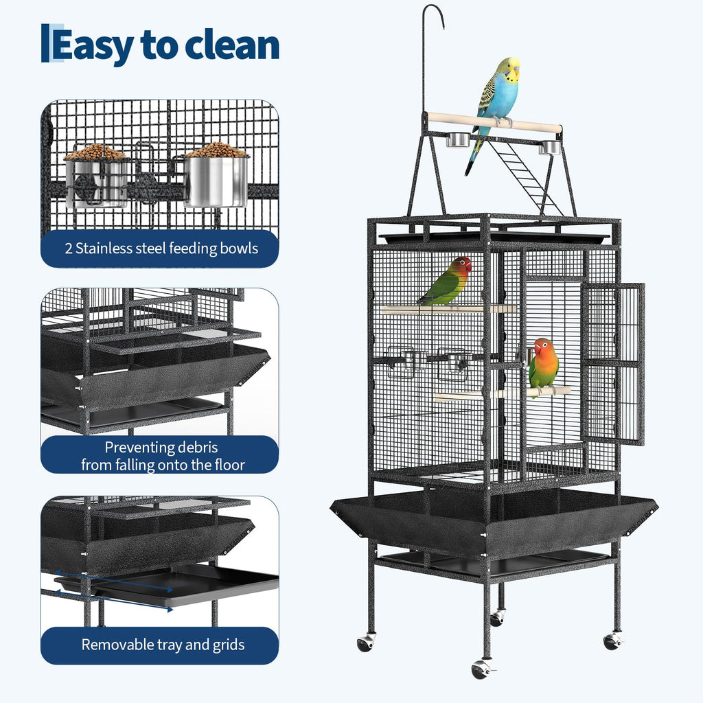 Garvee Extra Large 82" Parrot Cage with Play Top & Rolling Stand, Heavy Duty Wrought Iron Aviary – Spacious, Secure, Easy to Clean – Removable Tray & Rope Perch – Ideal for Parrots, Parakeets