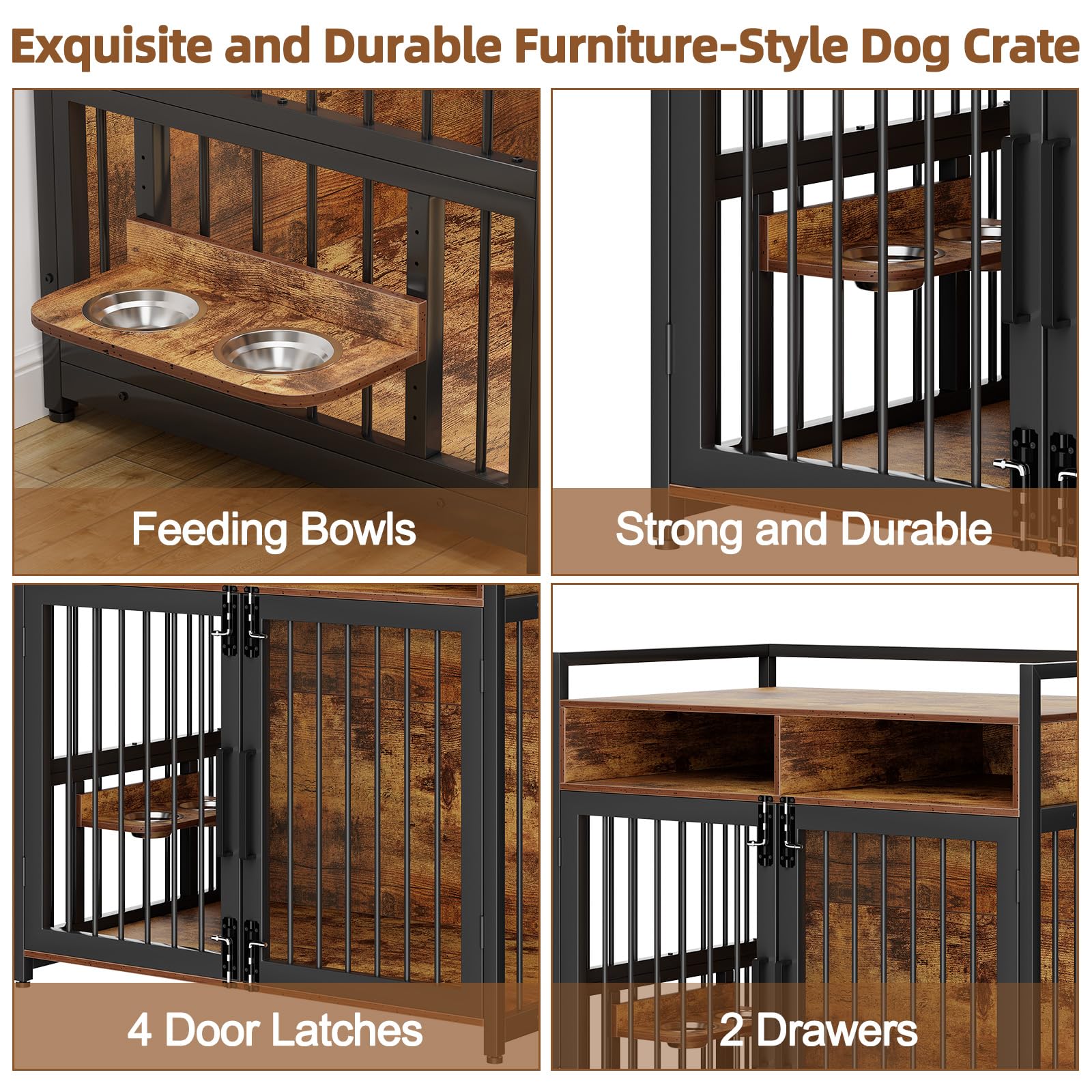 Garvee 48 Inch Dog Crate Furniture, Chew-Resistant Wooden Dog Cage Indoor with Doors, Dog House Side End Table, Heavy Duty Indoor Kennel for Medium/Large Dogs