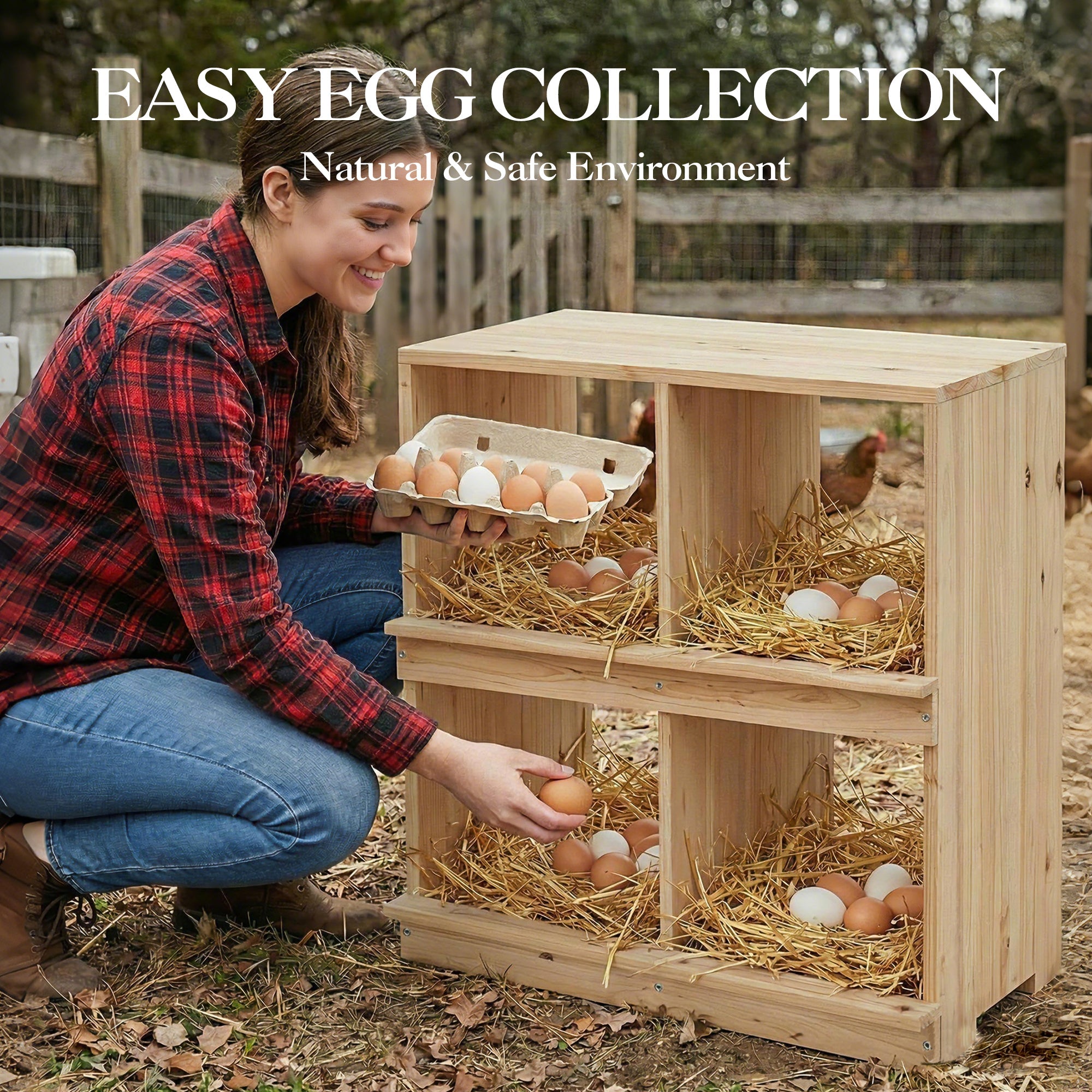 Garvee Double Deck Wooden Chicken Nesting Box – Four Compartments, Roll-Away Egg Collection, Insulated Sunproof, Wall-Mounted or Floor-Standing, Perch, Ideal for Poultry Coops and Farms, 4-Compartment Double Layer