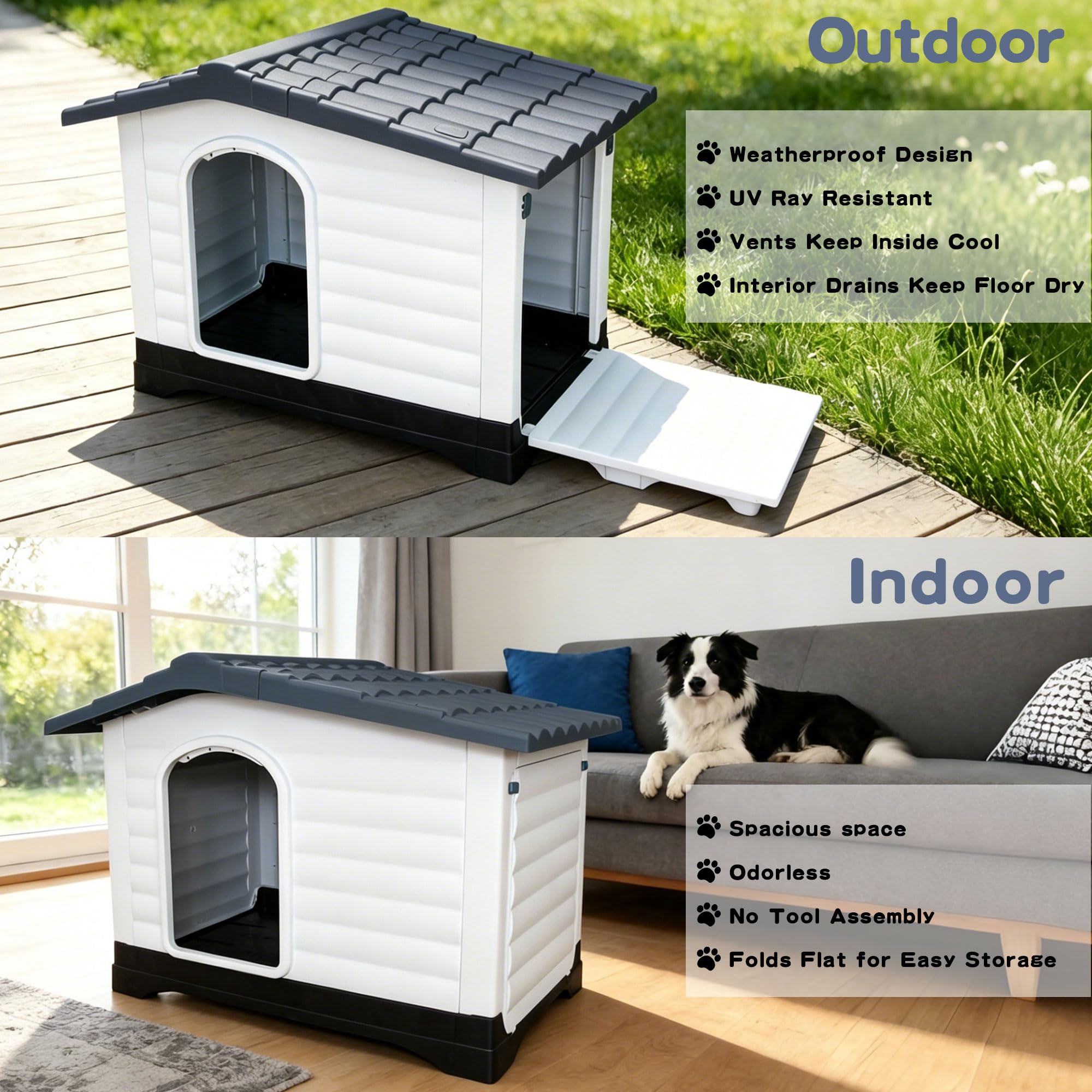 Garvee 2-Door Small Dog House for Indoor and Outdoor Dog House with Fold-Out Porch Elevated Base, Waterproof Pet House for Small and Medium Dogs, Easy Assembly, Gray (31''L x 21''W x 26''H)