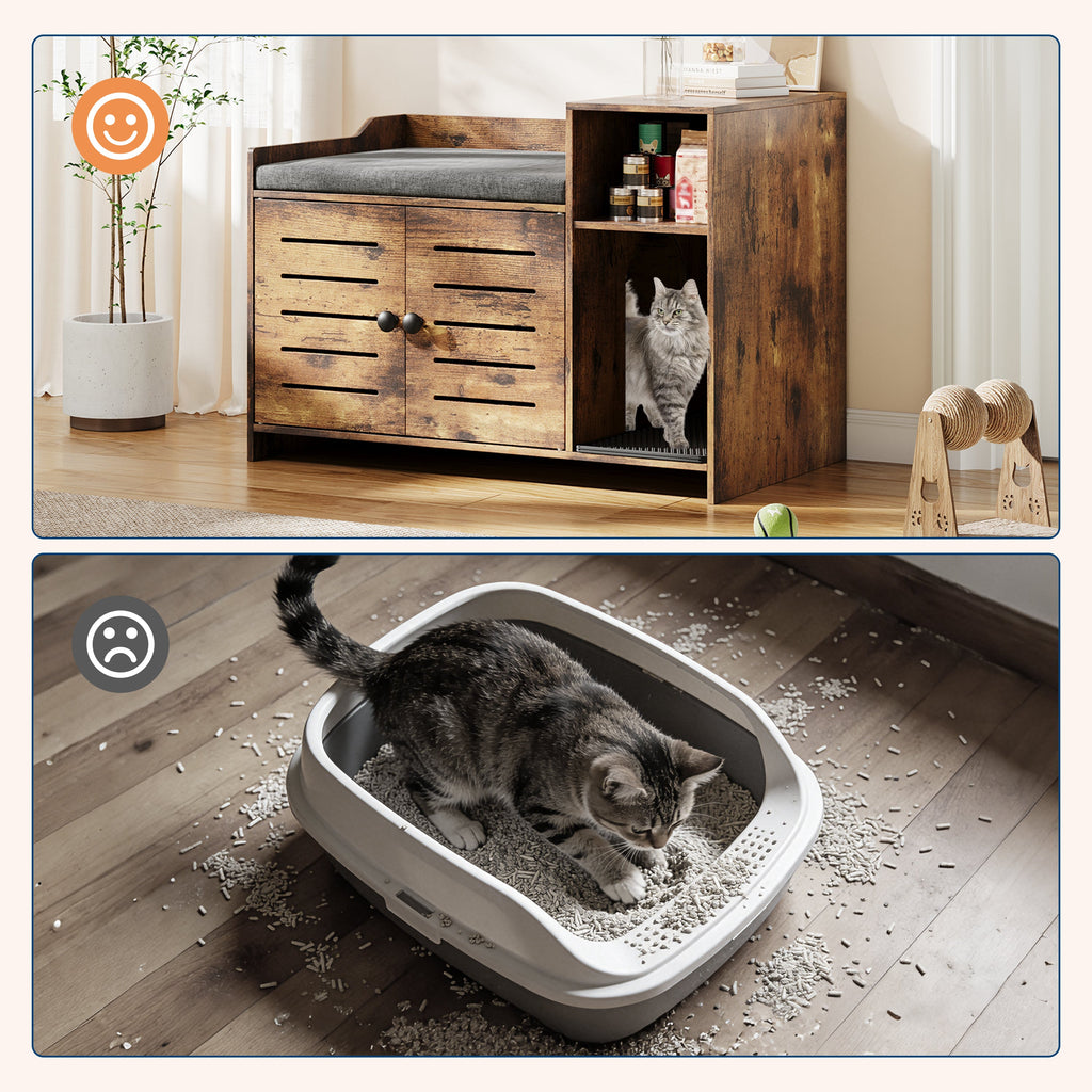 Garvee Cat Litter Box Enclosure, Hidden Litter Box Furniture with Litter Mat & Storage Shelf, Farmhouse Indoor Cat House Cabinet for Hallway, Bedroom, Brown