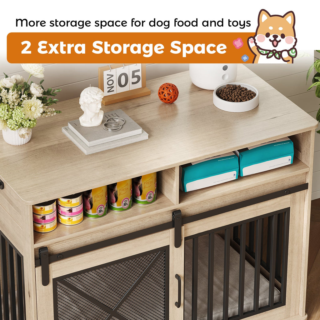 Garvee 44.5 Inch Large Dog Crate Furniture with 2 Storage Self, Wooden Dog Kennel Furniture As End Table, Decorative Pet Cage Dog House Indoor for Medium/Large Dogs, Chew-Proof, Gray