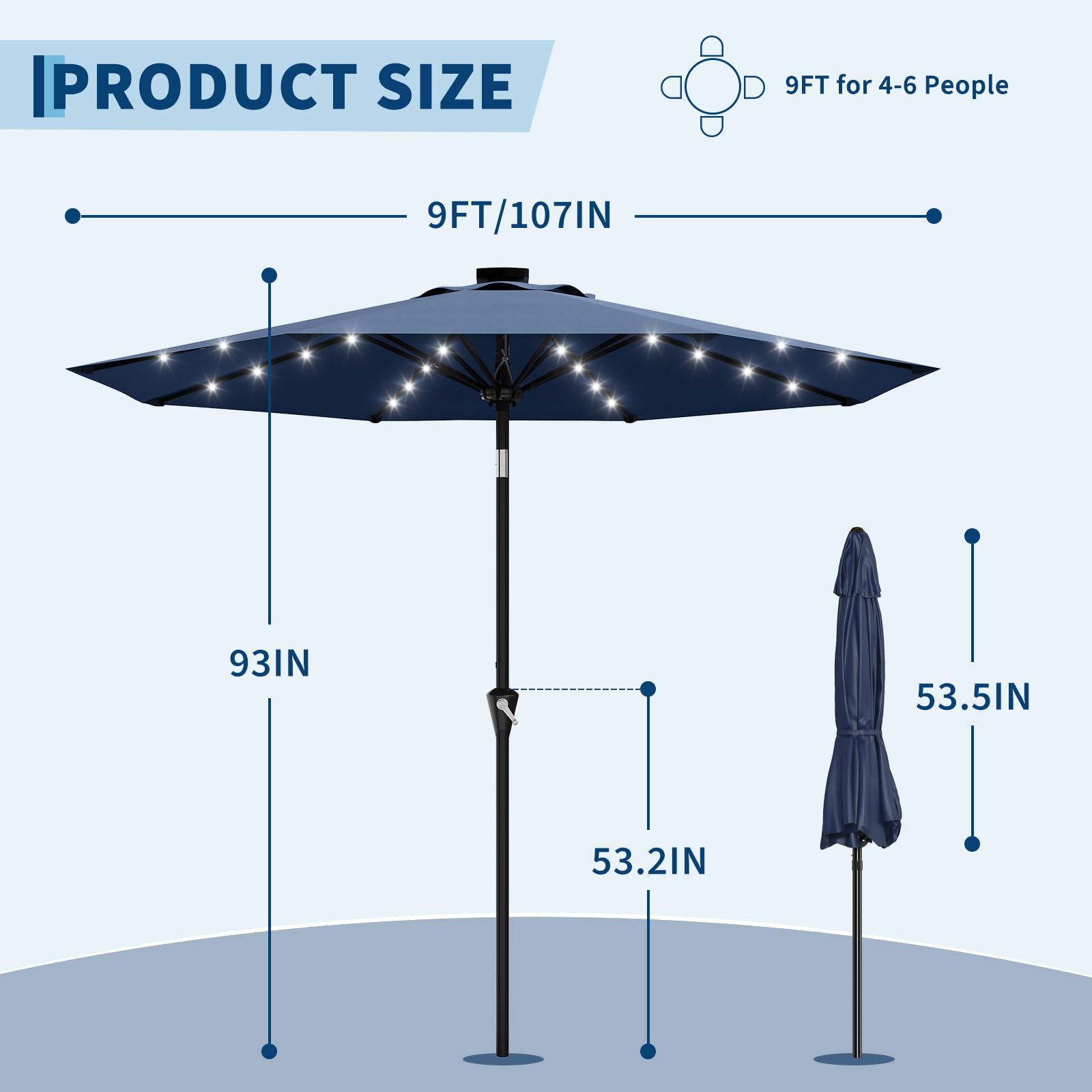 Garvee 9FT Solar LED Patio Umbrella, Waterproof Outdoor Market Table Umbrella with 8 Ribs, Crank Lift, Push Button Tilt, UV Protection for Garden, Pool & Deck, Navy Blue