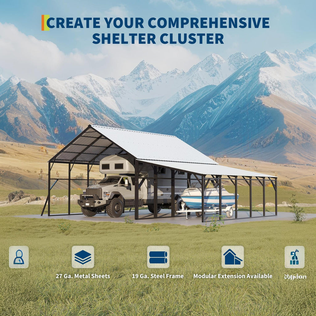Garvee Lean-to Metal Carport 12×25 ft, 292" Deep Wall-Mounted Shelter, 107"–78" Vertical Roof with 19-Gauge Steel Frame for Pickup SUV