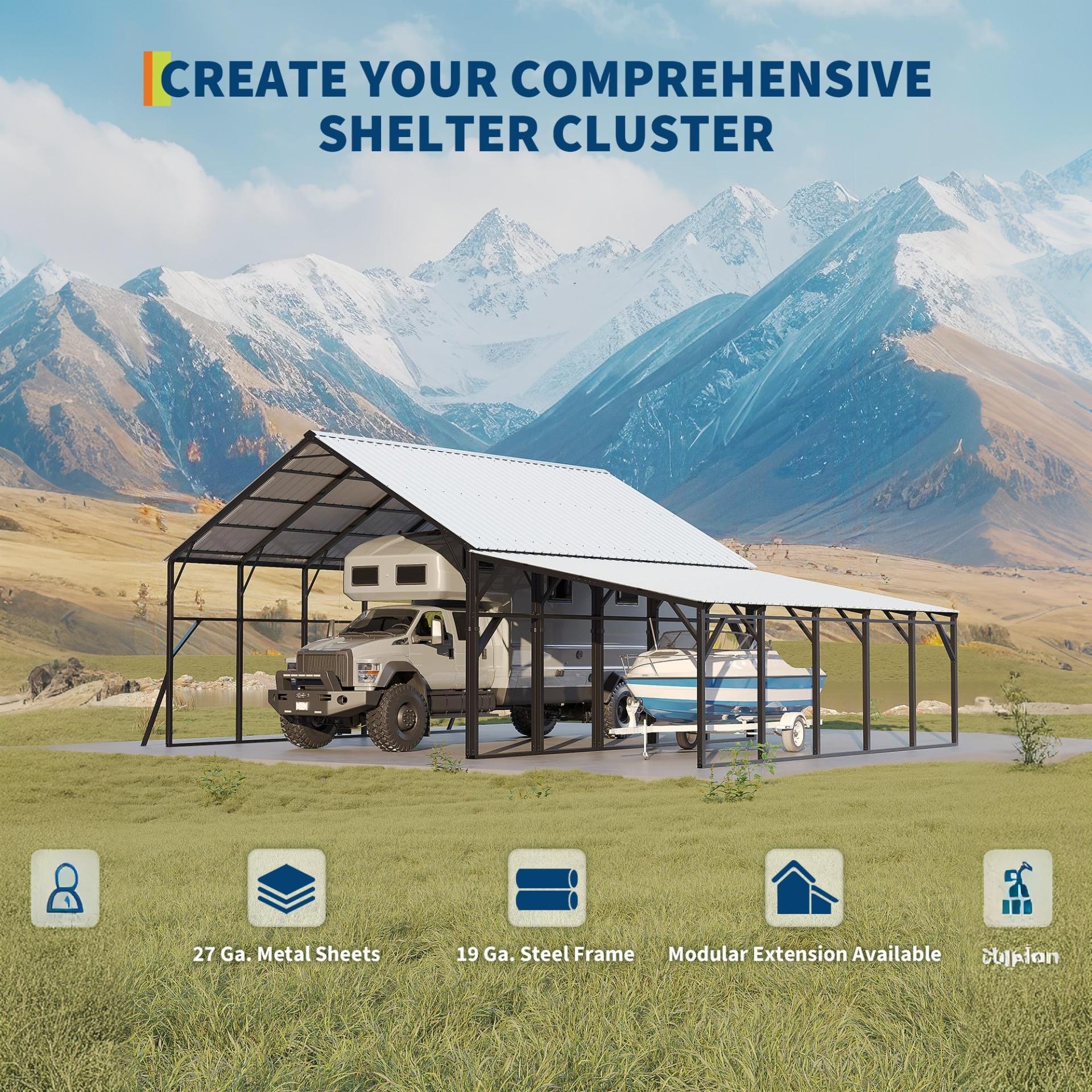 Garvee Lean-to Metal Carport 12×25 ft, 292" Deep Wall-Mounted Shelter, 107"–78" Vertical Roof with 19-Gauge Steel Frame for Pickup SUV