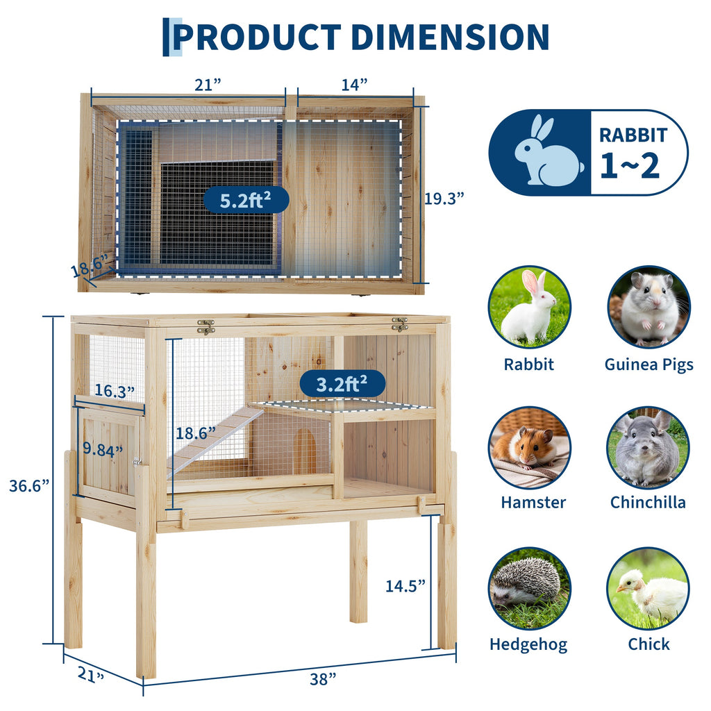 Garvee 38" Wooden Guinea Pig Cage with Stand, 2-Story Small Animal Habitat with Clear View Panels, Pull-Out Tray & Lockable Door, Rabbit Hutch, Brown