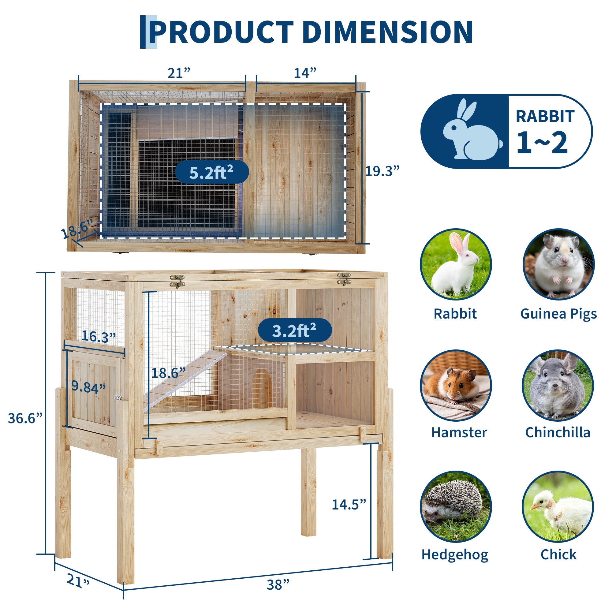 Garvee 38" Wooden Guinea Pig Cage with Stand, 2-Story Small Animal Habitat with Clear View Panels, Pull-Out Tray & Lockable Door, Rabbit Hutch, Brown