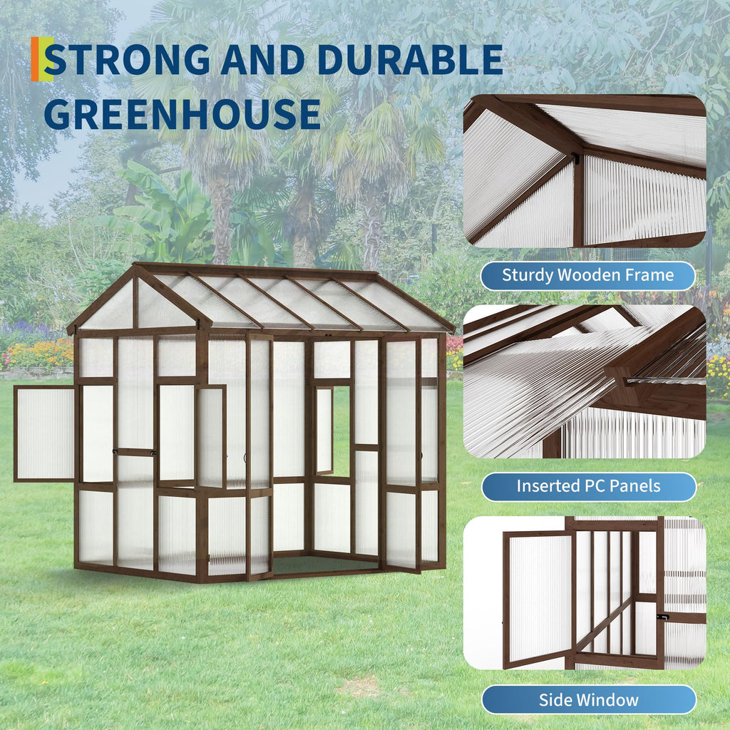 Garvee Heavy Duty Wooden Greenhouse 6x8 FT for Outdoor - Walk-in Kit with 6mm Polycarbonate Panels, Ventilated Window, Lockable Door - Ideal for Backyard, Patio, Lawn, Sturdy Wood
