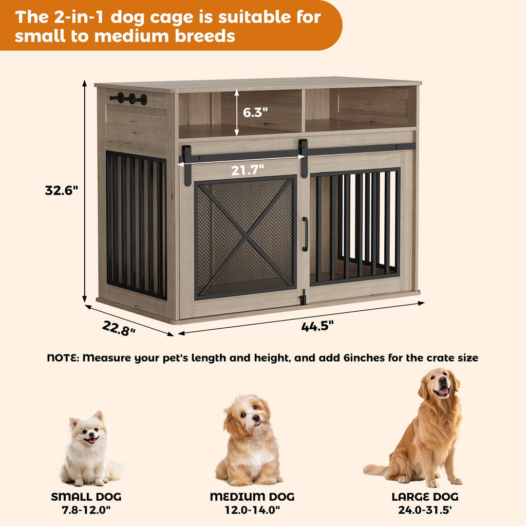 Garvee 44.5 Inch Large Dog Crate Furniture with 2 Storage Self, Wooden Dog Kennel Furniture As End Table, Decorative Pet Cage Dog House Indoor for Medium/Large Dogs, Chew-Proof, Gray