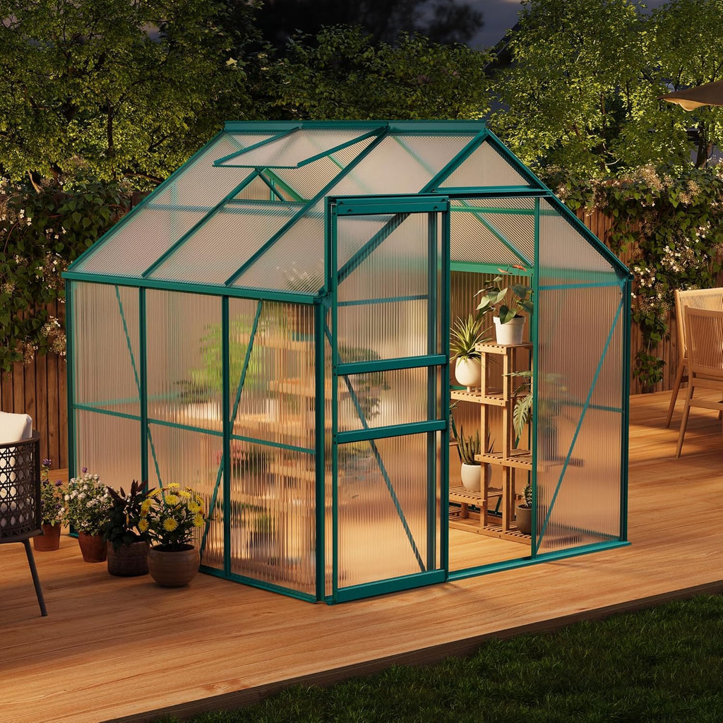 Garvee 6x6 FT Heavy Duty Polycarbonate Greenhouse Kit – Aluminum Frame, Lockable Sliding Door, Adjustable Roof Vent, Rain Gutter, Easy Setup, All-Weather Plant Greenhouse for Patio, Backyard, Garden