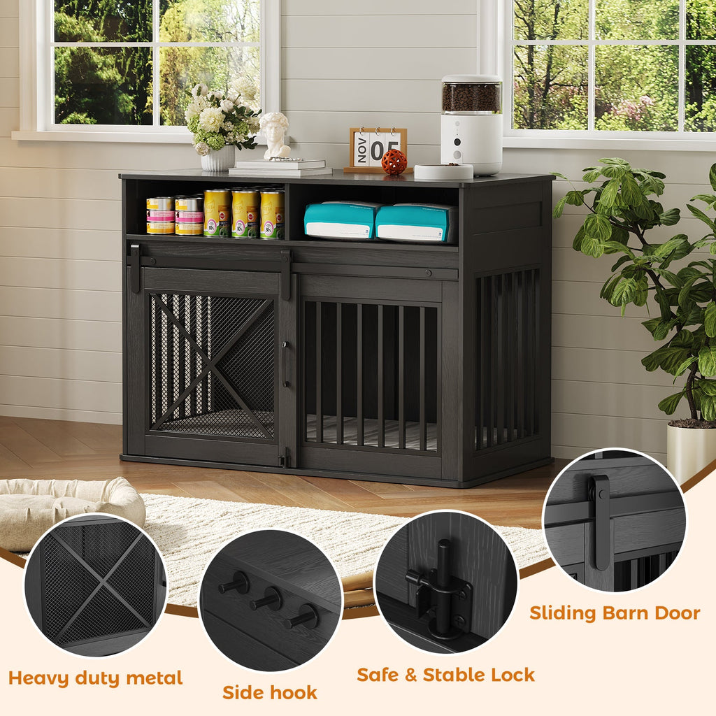 Garvee 44.5 Inch Large Dog Crate Furniture with 2 Storage Self, Wooden Dog Kennel Furniture As End Table, Decorative Pet Cage Dog House Indoor for Medium/Large Dogs, Chew-Proof, Black