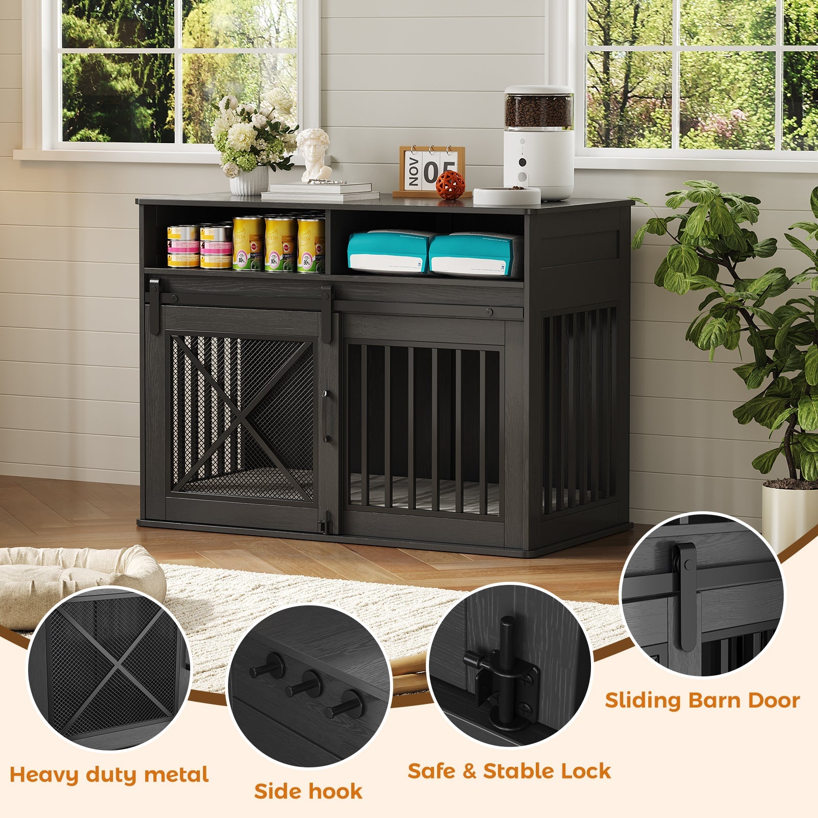 Garvee 44.5 Inch Large Dog Crate Furniture with 2 Storage Self, Wooden Dog Kennel Furniture As End Table, Decorative Pet Cage Dog House Indoor for Medium/Large Dogs, Chew-Proof, Black