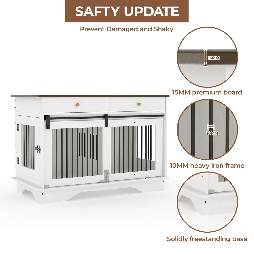 Garvee 2 Pack Spacious Double Dog Crate Furniture, 47" Large Dog Kennel, Removable Divider, 2 Storage Drawers, Chew-Resistant, Triple Door End Table for Large Dogs, White+Brown Table Top