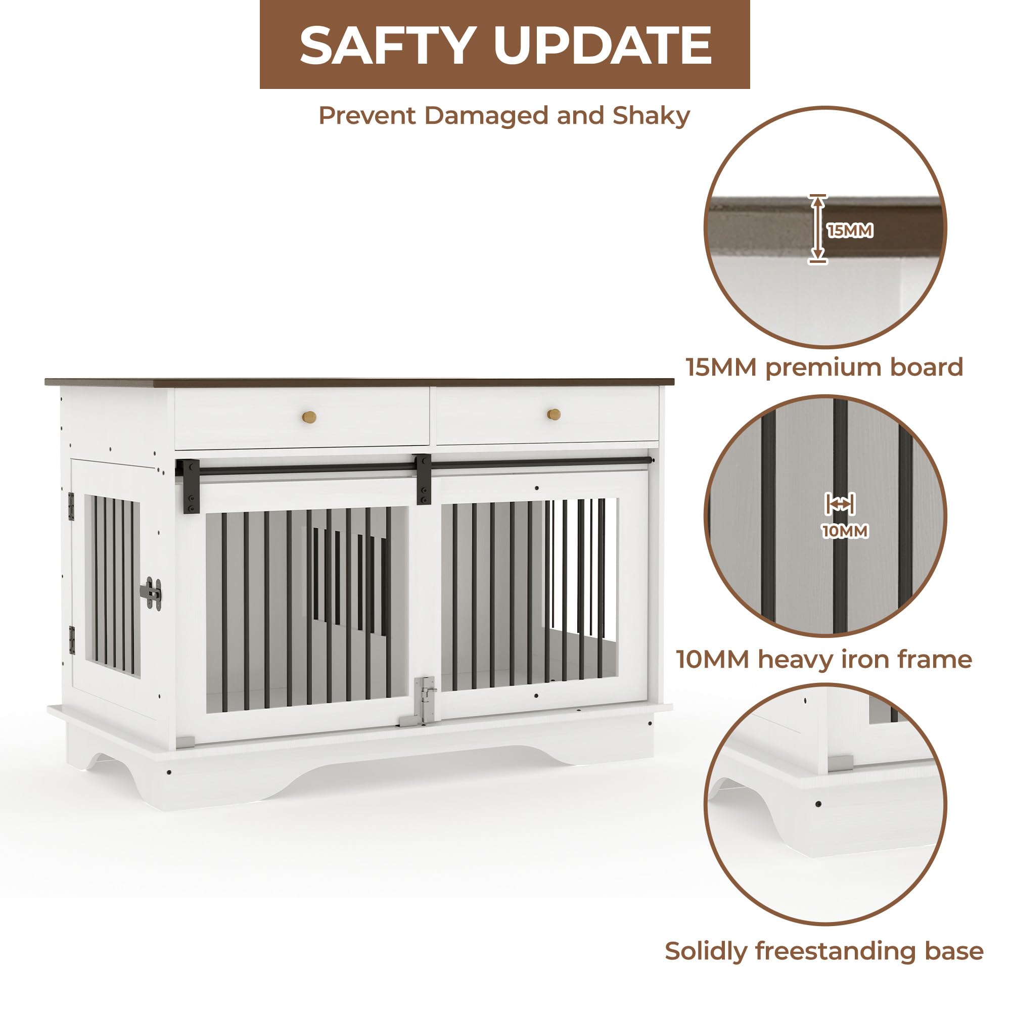 Garvee 2 Pack Spacious Double Dog Crate Furniture, 47" Large Dog Kennel, Removable Divider, 2 Storage Drawers, Chew-Resistant, Triple Door End Table for Large Dogs, White+Brown Table Top