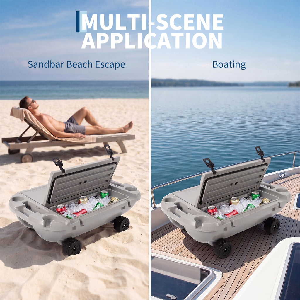 Garvee 40L Floating Cooler with Wheels, 42.5QT Rotomolded All-Terrain Ice Chest with Tow Rope & 4 Cup Holders, Drift Mobile Beverage Cooler for River, Pool, Beach, Kayak, Cool Gray