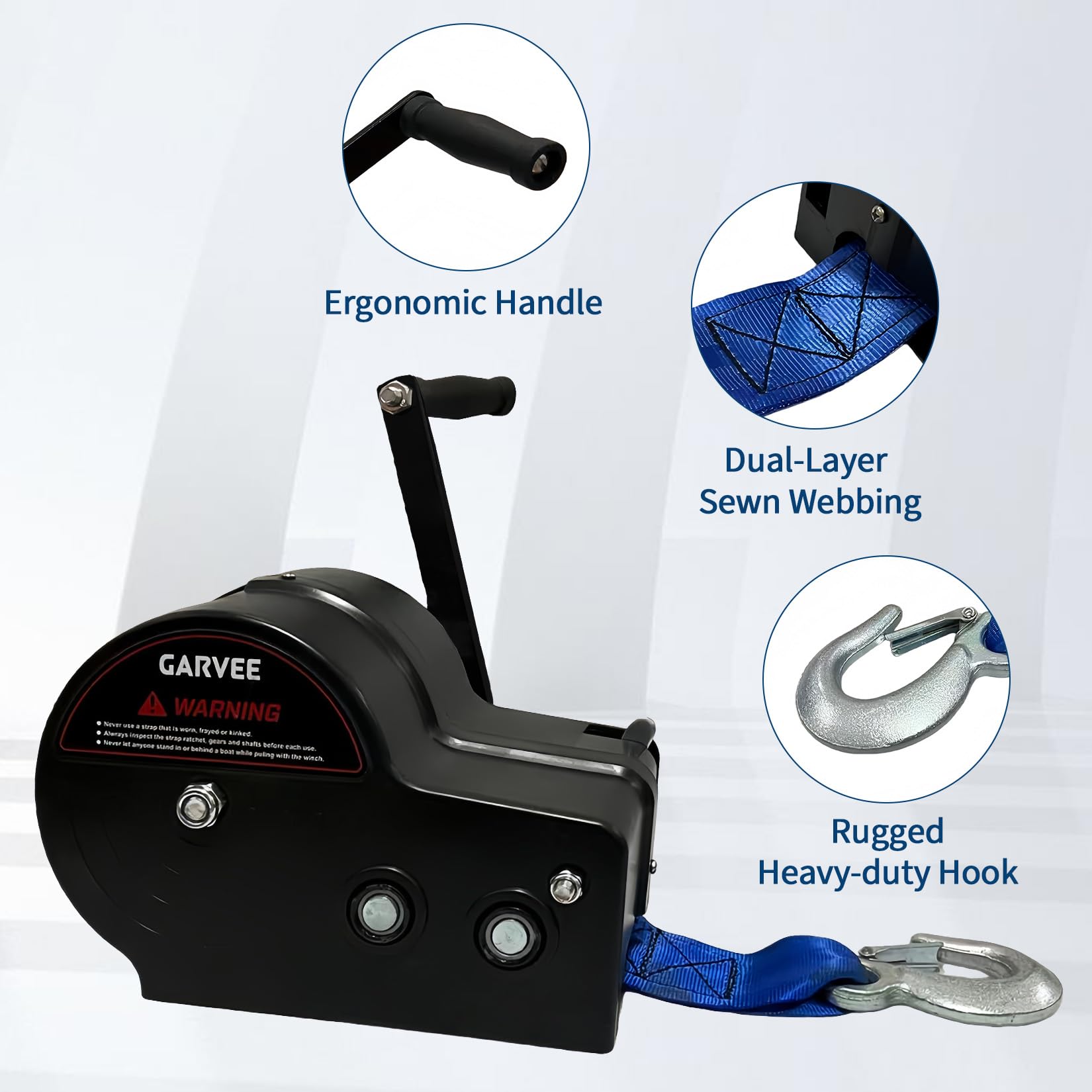 Garvee 3500 lbs Heavy-Duty Boat Trailer Winch - Hand Crank Winch with 33ft Strap, 4:1/8:1 Gear Ratio for Towing and Pulling Boats, Trailers, Trucks, RVs, ATVs, Jet Skis, and Off-Road Recovery, Blue