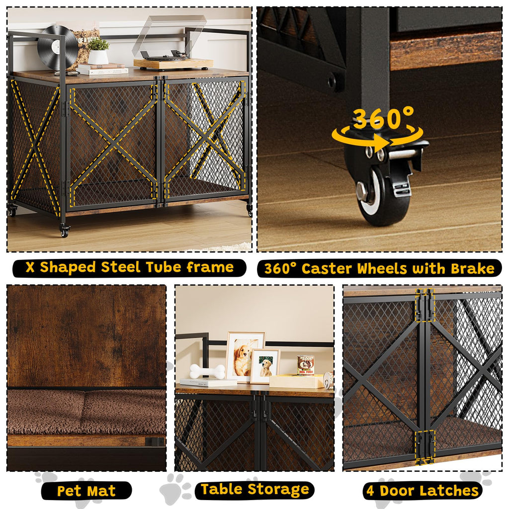 Garvee 31 Inch Dog Crate Furniture, Heavy Duty Dog Cage Furniture for Medium Dogs, Wooden Crates Indoor Kennels with Lockable 360° Wheels, Sturdy Dog Kennel Furniture Dog Crate with Divider