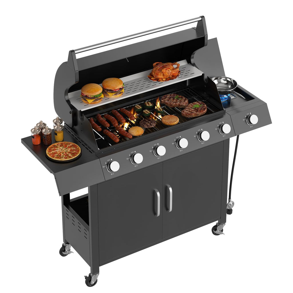 Garvee Superior 6-Disposable Outdoor Gas Grill – Stainless Steel & Cast Iron – Side Disposable – Large Warming Rack – Storage Cabinet – Heavy-Duty BBQ for Patio, Backyard, Family Gatherings –