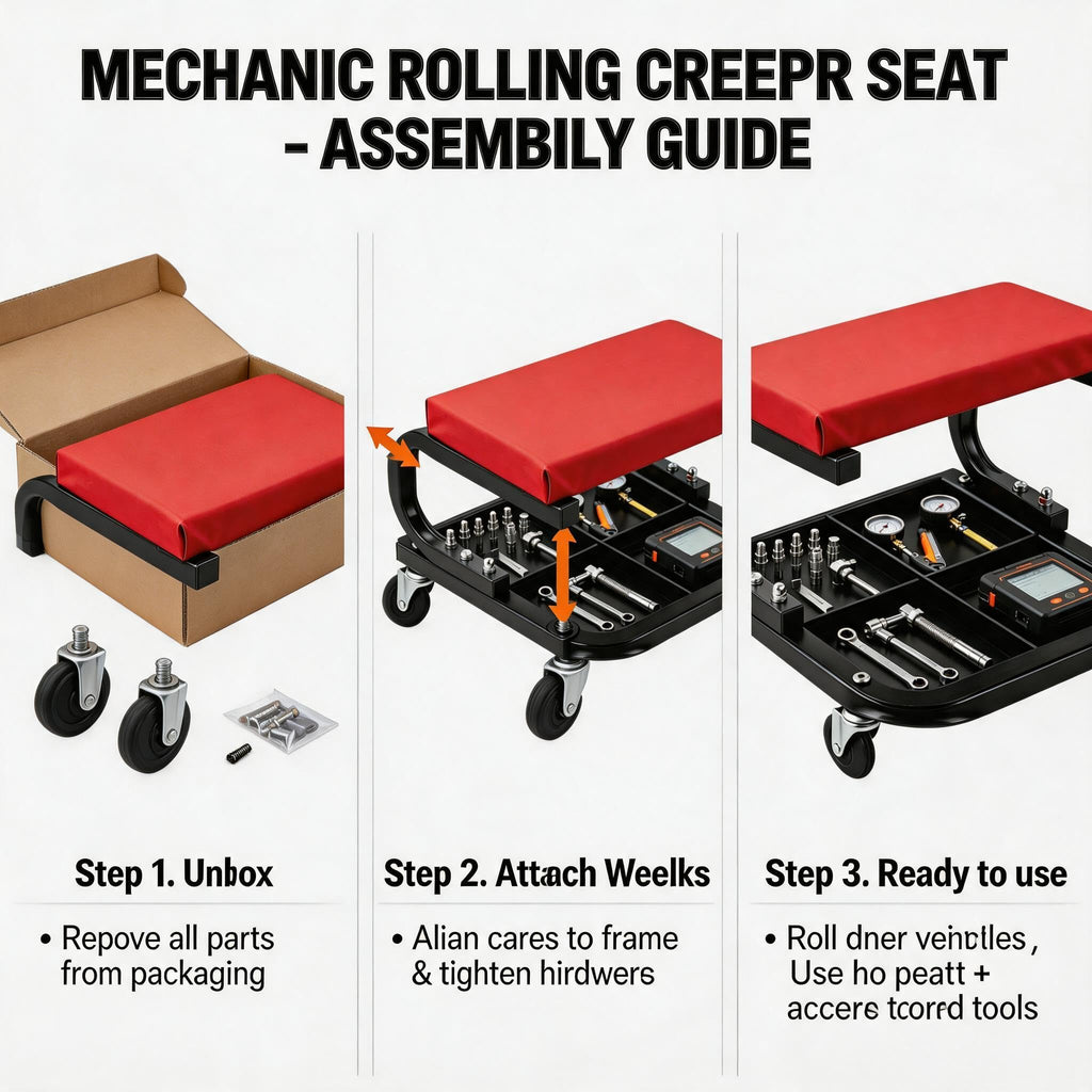 Garvee Heavy Duty Rolling Mechanic Creeper Seat – 250 lbs Capacity – Padded Garage Workshop Stool – Built-in Tool Tray – Comfortable & Durable, Black Red