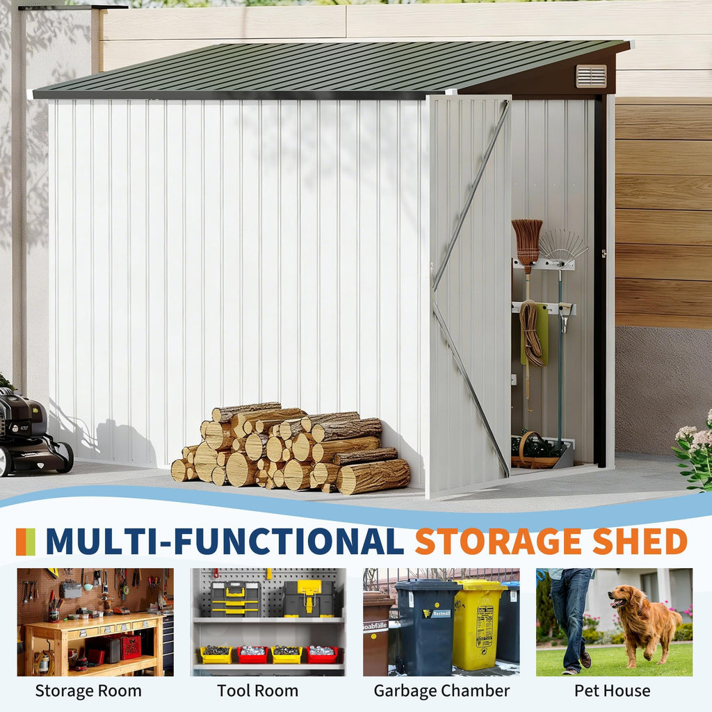 Garvee 4x8 FT Outdoor Storage Shed, Metal Lean to Garden Shed Utility Tool Storage House, Heavy-Duty Outdoor Metal Wall Side Storage Sheds - White