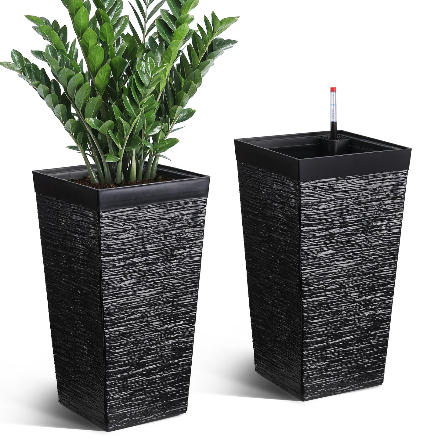 Garvee Self-Watering Tall Planters for Porch and Patio, 2-Pack 22.5-Inch Black Plastic Pots with 2 Water Gauges and Removable Trays