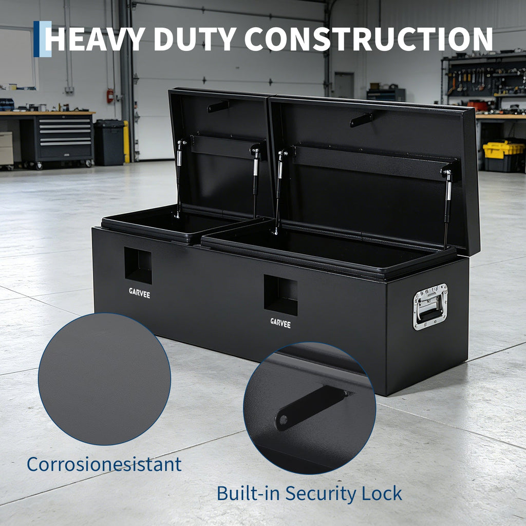 Garvee 48"X16"X14" Heavy Duty Steel Truck Bed Tool Box – Double Lid, Grooved Weatherproof Metal Chest with T-Handle & Side Handle, Durable Organizer for Pickup Truck, RV, Trailer, Front Double, Black